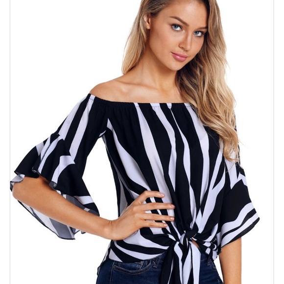 Last one Off shoulders,slash neck tie front tops - Picture 2 of 7